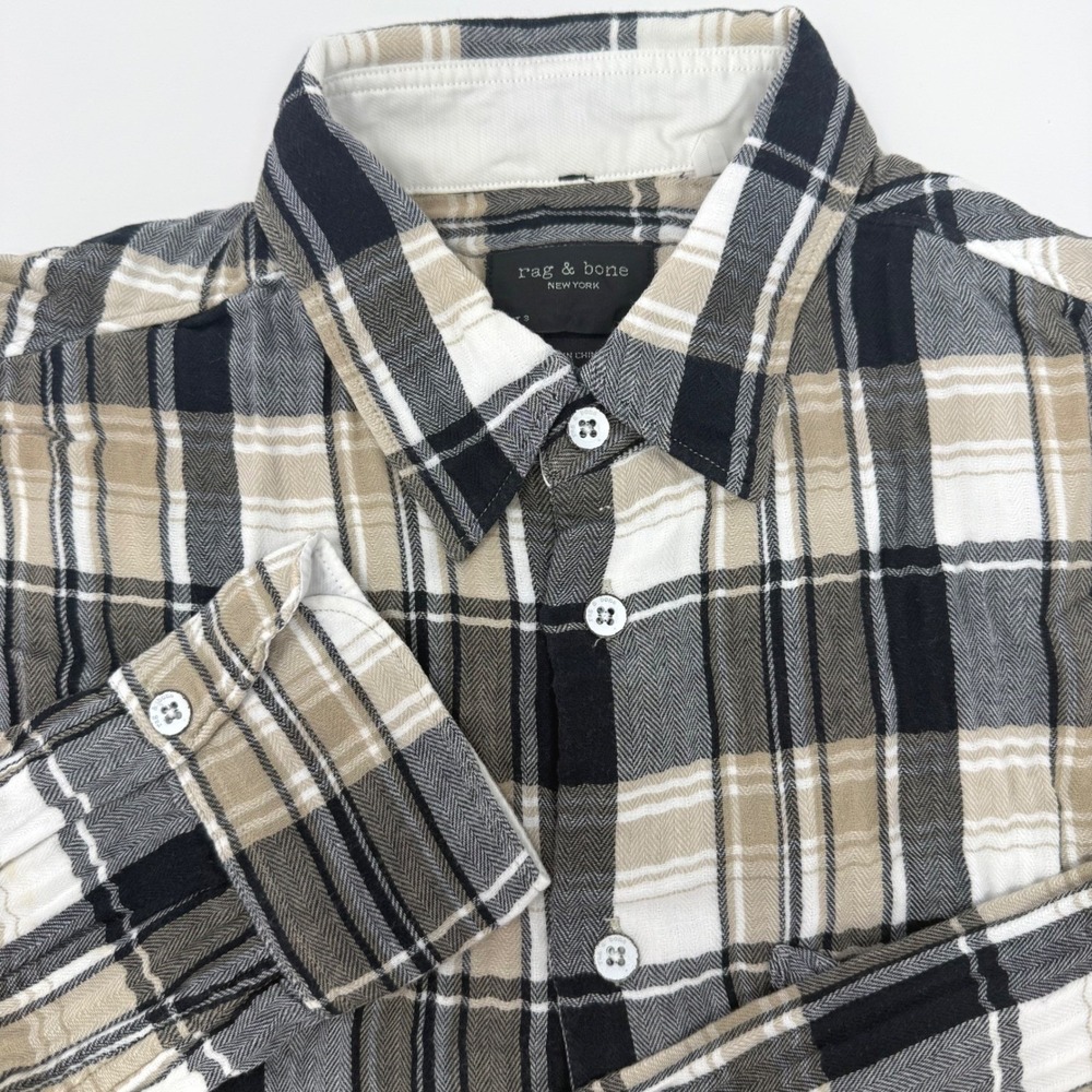 Rag & Bone Fit 3 Mens Small Plaid Button Down Shirt Black Tan White Long‎ Sleeve